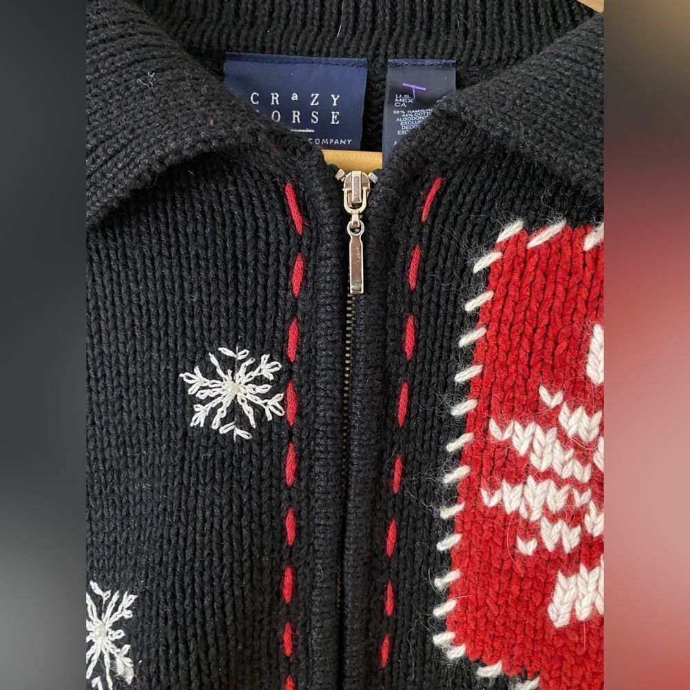 Crazy Horse Women's Christmas Full Zip Cardigan Sweater Black Size S - Picture 2 of 8